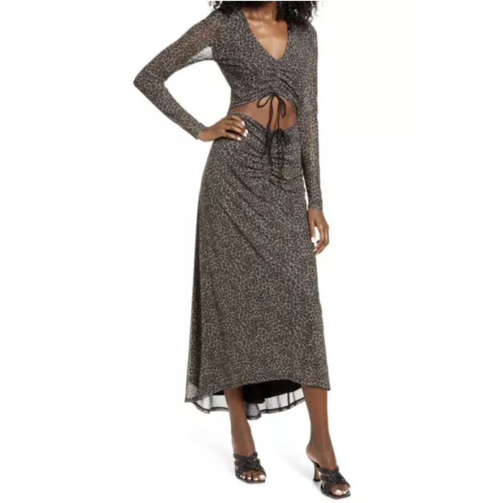 NWT AFRM Rhys Cutout Maxi Dress Leopard Long Sleeve V-Neck Sheer Mesh Lined XL